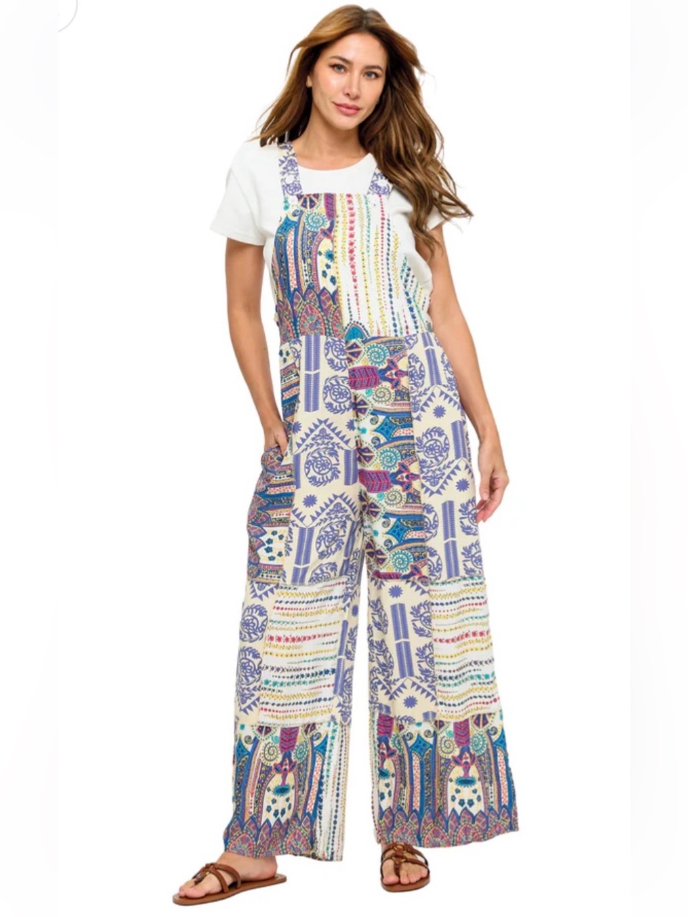 A Girl Thing White Multi Boho Patchwork Wide-Leg Jumpsuit - Picture 1 of 4